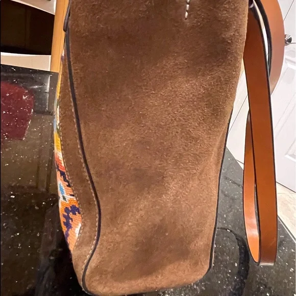 TORY BURCH COLORFUL NEEDLEPOINT & BROWN SUEDE BERMUDA HANDBAG DETACHABLE STRAP - Picture 8 of 16